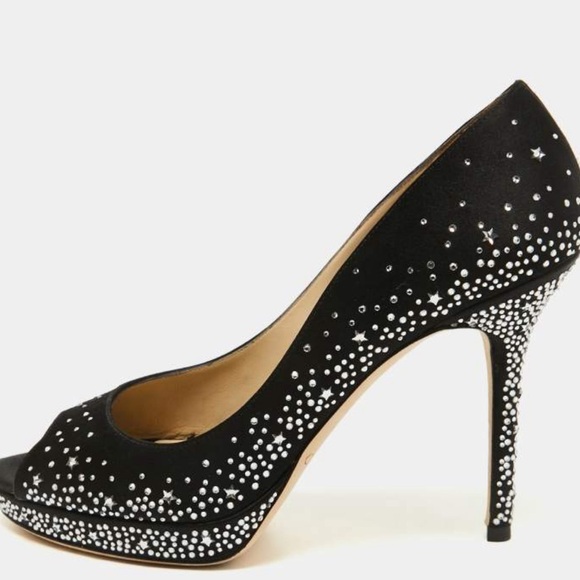 $1385 JIMMY CHOO “THE DALI Swarovski Jewel Platform Satin Peep Heels 37.5 NWT - Picture 6 of 16